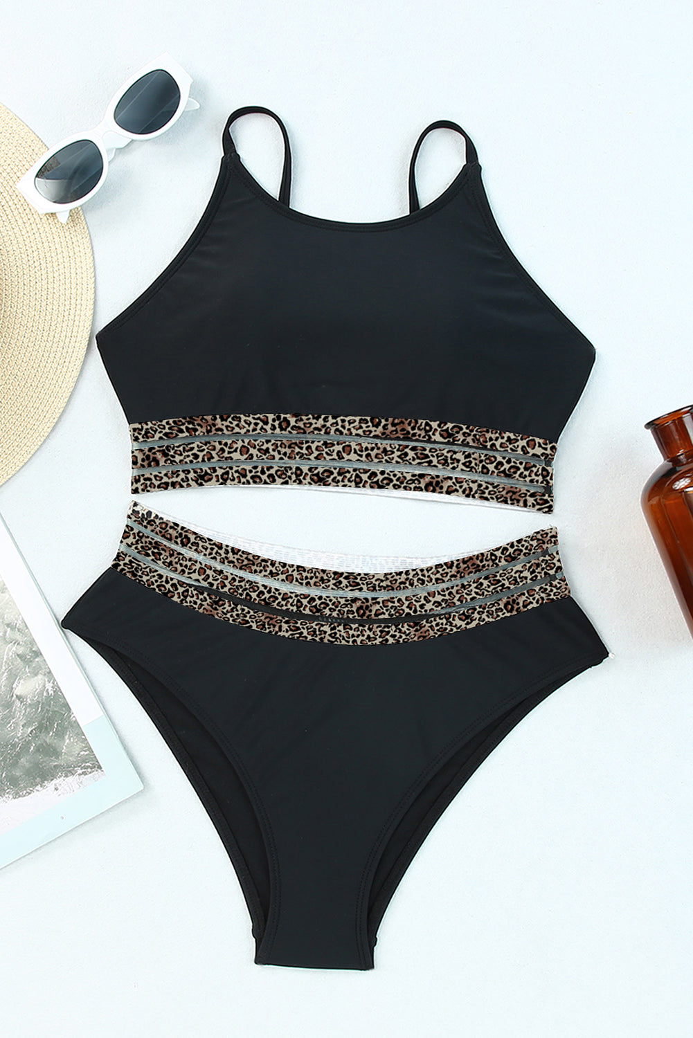 Black Rose Leopard Mesh Trim Bikini