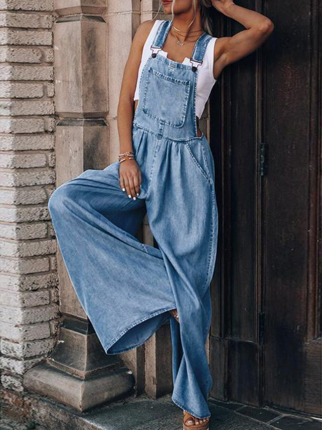 Wide Leg Denim Blue Overalls